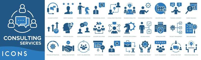 Consulting Services icon set. Advisory Support, Expert Guidance, Strategic Consultation, Professional Advice, Consultancy Solutions, Business Consulting and Management Consulting vector