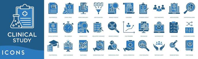 Clinical Study icon line. Study Protocol, Clinical Trials, Patient Enrollment, Data Collection, Research Findings, Case Report, Informed Consent, Study Participants, Medical Record vector