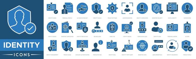 Identity icon. Identity Check, Personal Profile, Authentication Key, Identity Shield, Privacy Settings, User Recognition, Verification, Biometric Security and Digital Identity vector