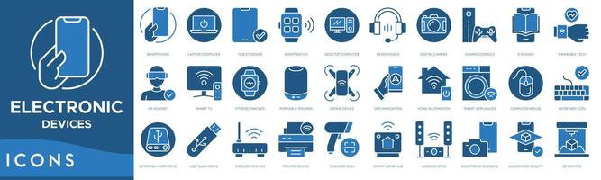 Electronic Devices icon set. Smartphone, Laptop Computer, Tablet Device, Smartwatch, Desktop Computer, Headphones and Digital Camera vector