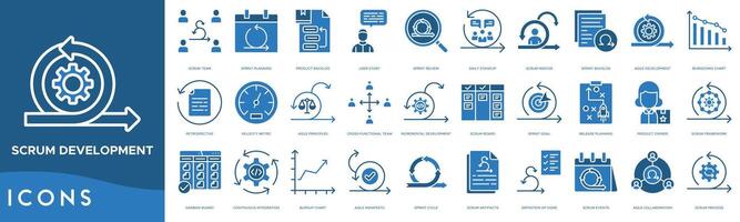 Scrum Development icon set. Scrum Team, Sprint Planning, Product Backlog, User Story, Sprint Review, Daily Standup, Scrum Master, Sprint Backlog, Agile Development, Burndown Chart vector
