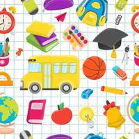 Back to school seamless pattern with different school elements, checkered background. Colorful children's design in cartoon style vector