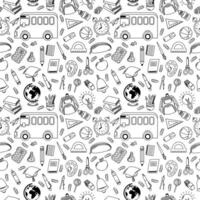 Seamless pattern back to school different supplies for kids. Cute linear design on white background in outline style. Good for Coloring pages for kids vector