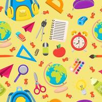 Back to school seamless pattern with different school elements. Colorful cartoon style kids design vector