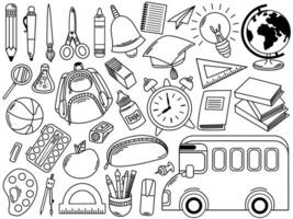 Back to school collection of different kids supplies. Line set in outline style black color. vector