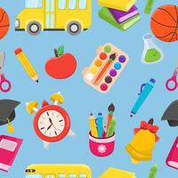 Back to school seamless pattern with different school elements. Colorful cartoon style kids design vector