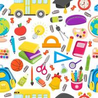 Back to school seamless pattern with different school elements. Colorful cartoon style kids design vector