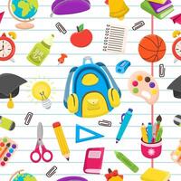 Back to school seamless pattern with different elements to school, background in notebook line. Colorful children's design in cartoon vector