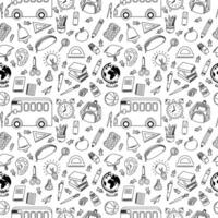Seamless pattern back to school different supplies for kids. Cute linear design on white background in outline style. Good for Coloring pages for kids vector