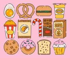 A collection of food items, including snacks and cookies soft color, showcased against a pink background in an illustration set. vector