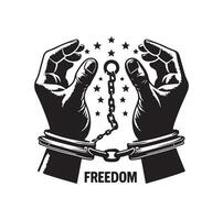 A pair of hands chained to a chain with the text words freedom. A pair of hand in handcuff. Hand drawn illustration. vector