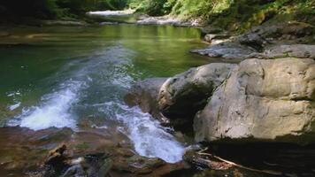 Beautiful little waterfalls with quiet rivers in forest. Creative. Small waterfalls in forest river in summer. Streams of small waterfalls in calm river in green forest video