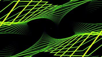 Curving frame lines on black background. Design. 3D lines move quickly and ripple in space. Wireframe lines with grid bend on black background video