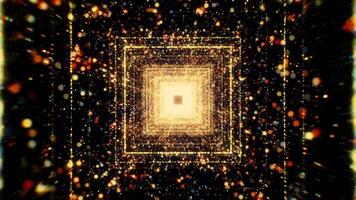 Yellow background. Motion. Various flying shiny particles in abstraction and huge squares that move forward along the background like an endless path. video