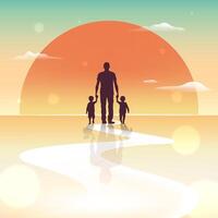 a man and a child are standing in front of a sunset vector