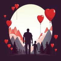 a man and a child are walking in a forest with hearts in the background vector
