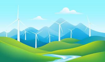 a drawing of wind turbines in the mountains with a river flowing in the background. vector