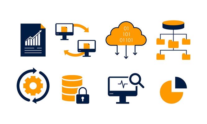 Data analytics icon set. Big data analysis technology symbol