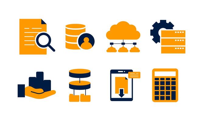Data analytics icon set. Big data analysis technology symbol
