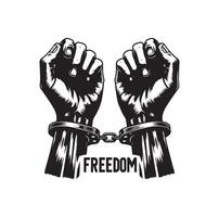 A pair of hands chained to a chain with the text words freedom. A pair of hand in handcuff. Hand drawn illustration. vector