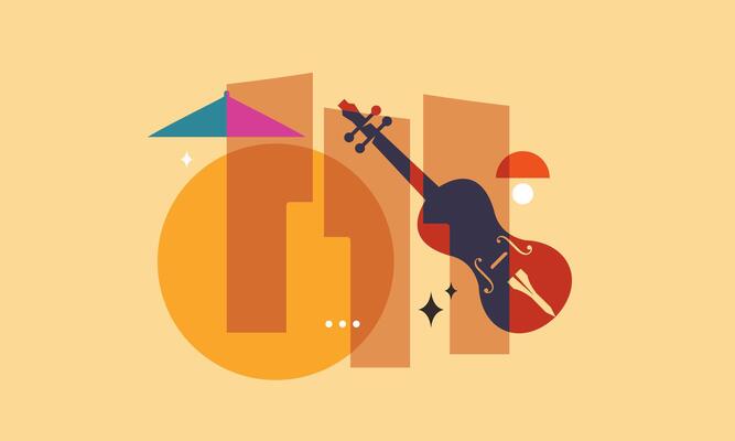 Jazz music. Concert instruments, posters with piano, saxophone