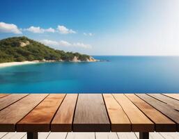 Wooden table with a spectacular view of the sea, island, and blue sky in the background photo