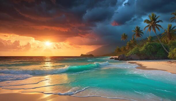 A beautiful beach scene with a tropical atmosphere. The sun is setting, casting a warm glow over the ocean and the sandy shore. The sky is filled with clouds, creating a serene setting. photo