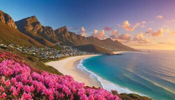 A beautiful beach scene with an ocean and a mountain range in the background. The beach is covered in pink flowers in full bloom, making the scene even more picturesque and vibrant. photo