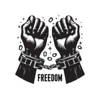 A pair of hands chained to a chain with the text words freedom. A pair of hand in handcuff. Hand drawn illustration. vector