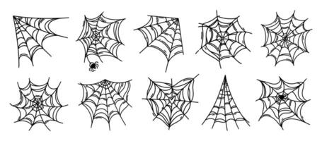 Spider web icon set. A thin cobweb with an insect inside, a corner web. Gothic Halloween decoration, scary sticky heart shaped trap. Black and white hand drawn doodle. Hanging symbol of fear vector