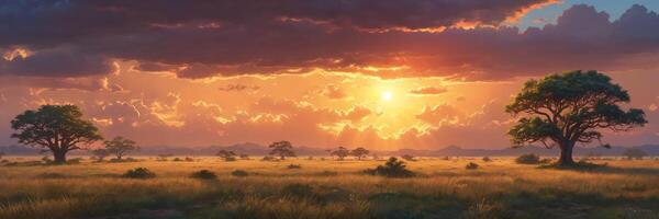 Sun setting over a field with trees, painting a picturesque and calm sky photo
