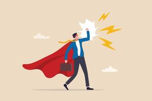Superhero businessman with superpower to win business success, strength or power to control and finish work, confidence great responsibility, courage or strong positive attitude with fearless mindset. vector
