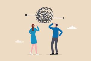 Complicated problem, complexity or difficulty, solving difficult problem, challenge or trouble, thinking or brainstorm for solution concept, business people thinking with chaos messy tangle knot. vector