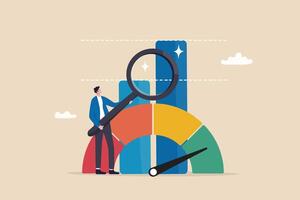 Benchmark performance or KPI key performance indicator, metrics or measurement to measure success, result evaluation, analysis or comparison concept, businessman magnify benchmark metric graph scale. vector