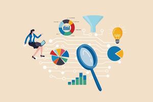 Business intelligence data analysis for business insight, database or statistics, marketing technology or data funnel or indicator concept, businesswoman work with data analysis and magnifying glass. vector