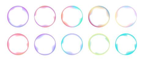 Set of glowing colored gradient circles with internal blurring abstract shape. Round frames with aura for design vector