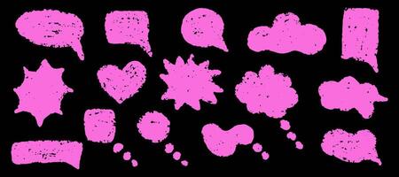 Set of pink speech bubbles. Dialogue box in doodle style. Doodles drawing with wax or chalk marker. Text boxes for chats and games. Various talk balloon shapes in retro 90's style vector