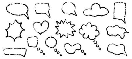 Set of line speech bubbles. Dialogue box in doodle style. Doodles drawing with wax or chalk marker. Text boxes for chats and games. Various talk balloon shapes in retro 90's style vector