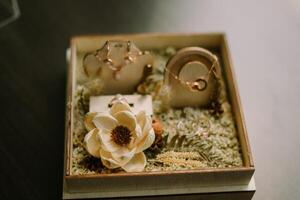 A decorative box containing traditional necklace and ring sets, symbolizing bridal gifts photo
