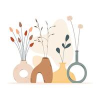Composition of dry flowers in a vases boho style vector