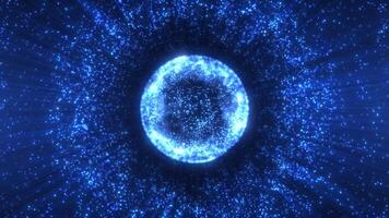 Abstract glowing sphere, energy ball shines brightly with rays of light, magic waves from particles and dots, abstract atomic science background, seamless loop video
