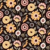 Floral Seamless Pattern of Flowers and Leaves in five Colors Yellow, White, Pink Peach on Brown Backdrop, Wallpaper Design is great for Textiles, Papers Prints, Fashion Backgrounds, Beauty Products vector
