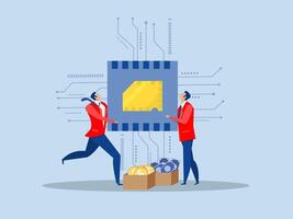 Semiconductor and computer chip supply chain, Two businessman fight over computer chip with creative for solution shortage electronics manufacturing problem concept vector
