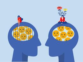 Intellection concept ,Difference positive and negative Business woman meditating on head with the mood scale with sit Sad Stress on head emotion happy and sad faces. vector