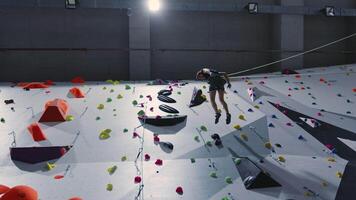Indoor climbing wall with climber in mid-fall, attached to safety rope, surrounded by colorful holds and challenging routes, emphasizing safety and excitement in a modern climbing gym video