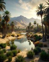 A desert oasis surrounded by palm trees and mountains in the distance. photo