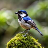 A small blue and white bird perched on a mossy rock. photo