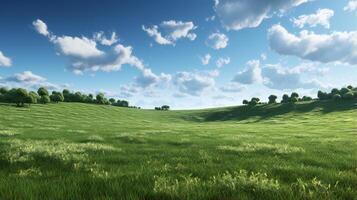 a grassy field with trees and clouds photo