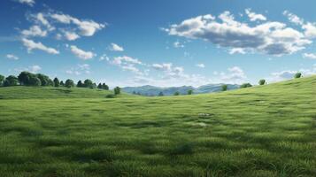 a grassy field with trees and hills in the background photo