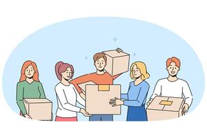 Smiling people with boxes moving together vector